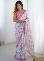 Vegaa Fashion Off White Chinon Silk Print Work With Mirror Work Border Designer Saree | Grocsy