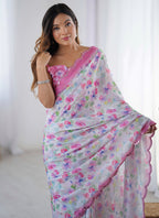 Vegaa Fashion Off White Chinon Silk Print Work With Mirror Work Border Designer Saree | Grocsy