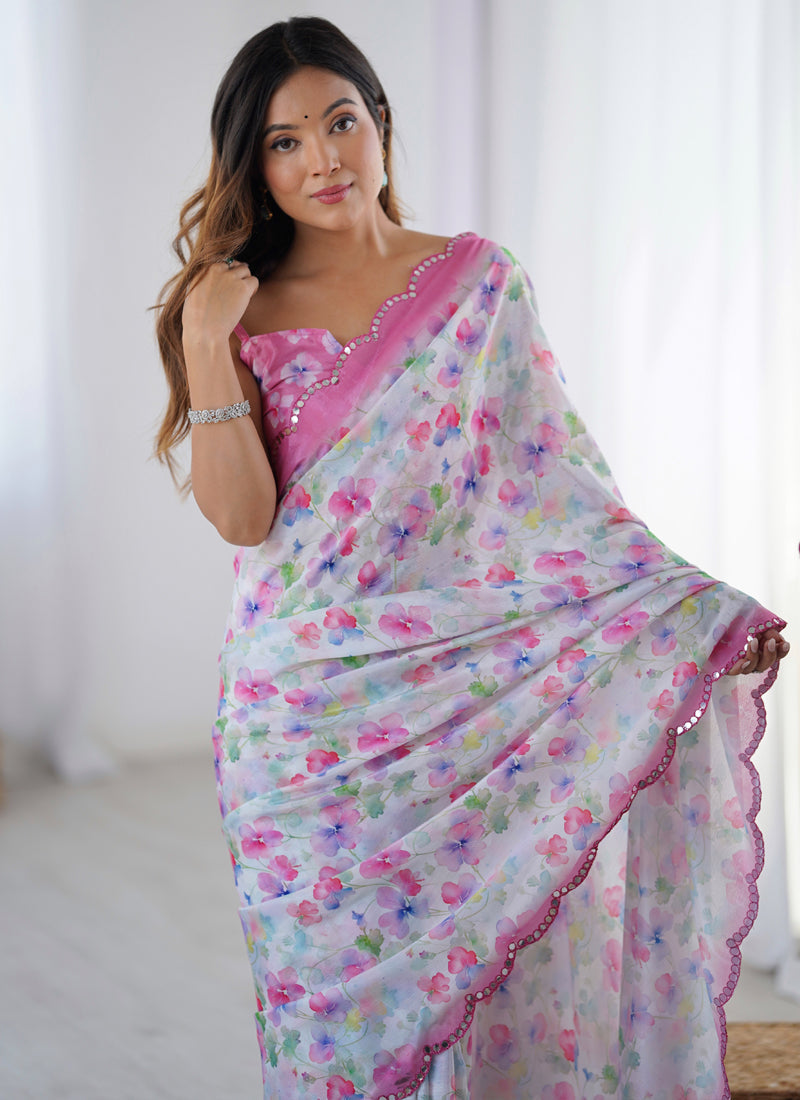 Vegaa Fashion Off White Chinon Silk Print Work With Mirror Work Border Designer Saree | Grocsy