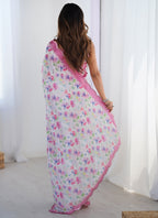 Vegaa Fashion Off White Chinon Silk Print Work With Mirror Work Border Designer Saree | Grocsy