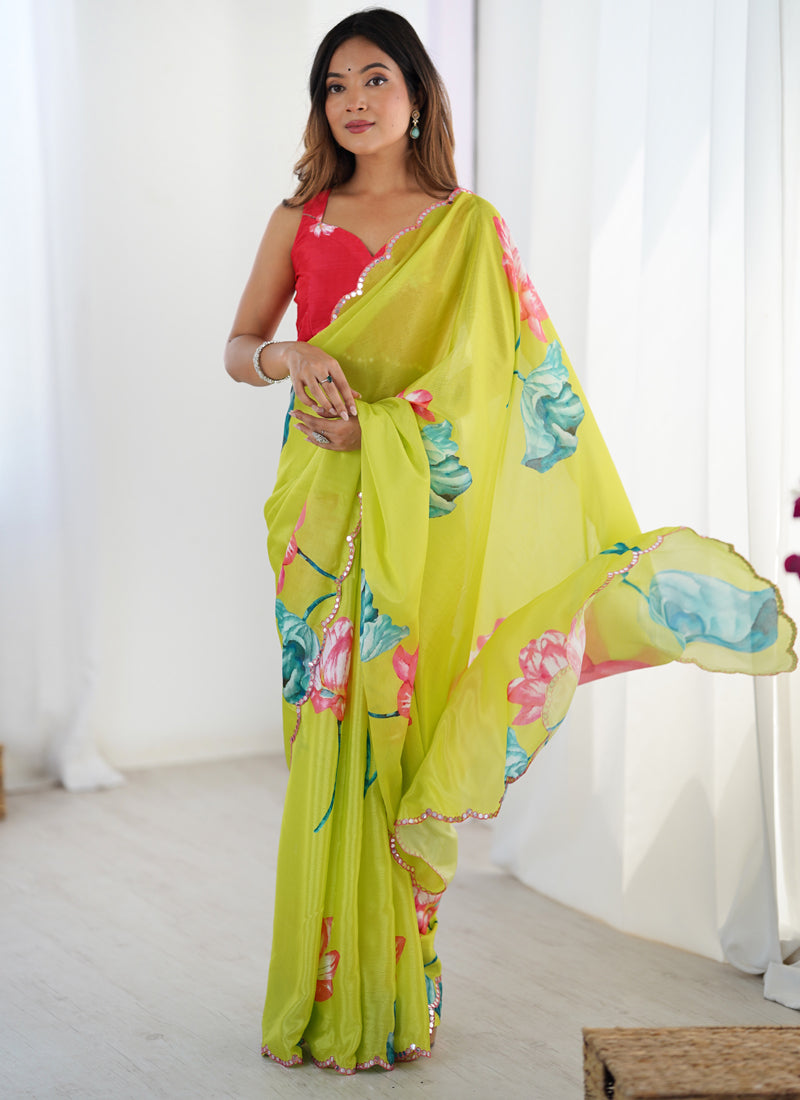 Vegaa Fashion Lemon Yellow Chinon Silk Print Work With Mirror Work Border Designer Saree | Grocsy