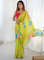 Vegaa Fashion Lemon Yellow Chinon Silk Print Work With Mirror Work Border Designer Saree | Grocsy