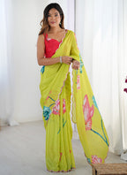 Vegaa Fashion Lemon Yellow Chinon Silk Print Work With Mirror Work Border Designer Saree | Grocsy