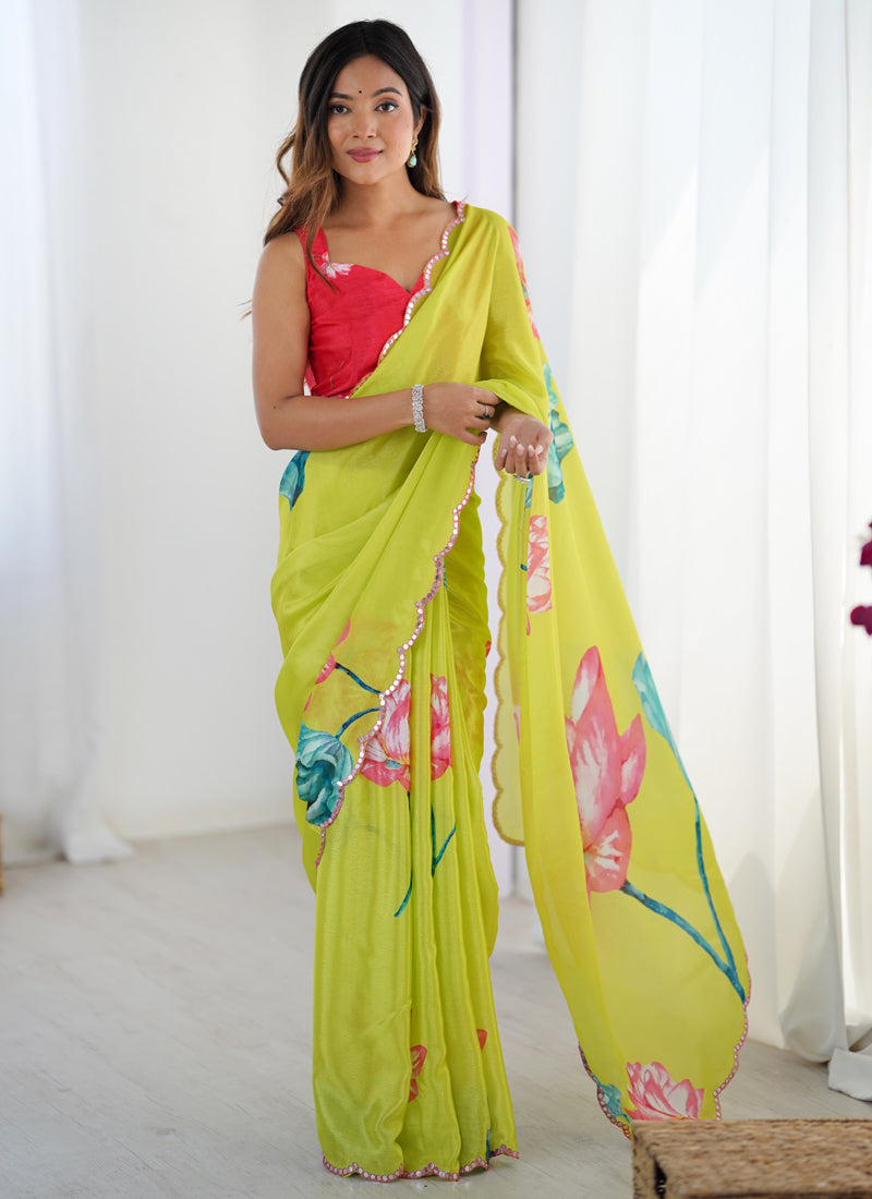 Vegaa Fashion Lemon Yellow Chinon Silk Print Work With Mirror Work Border Designer Saree | Grocsy