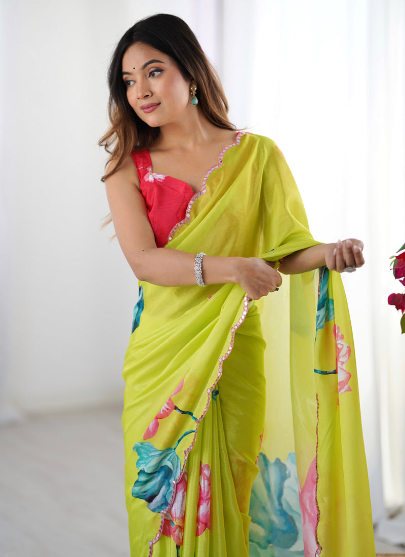 Vegaa Fashion Lemon Yellow Chinon Silk Print Work With Mirror Work Border Designer Saree | Grocsy