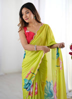 Vegaa Fashion Lemon Yellow Chinon Silk Print Work With Mirror Work Border Designer Saree | Grocsy