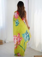 Vegaa Fashion Lemon Yellow Chinon Silk Print Work With Mirror Work Border Designer Saree | Grocsy
