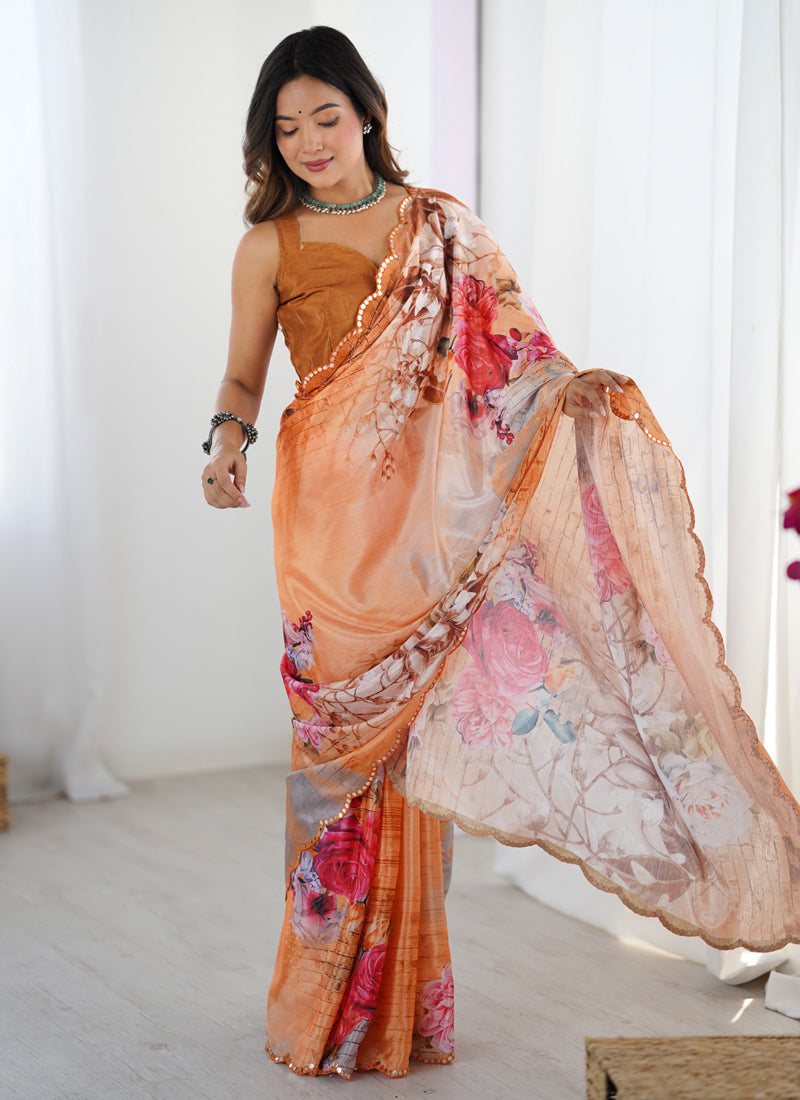 Vegaa Fashion Multicolor Chinon Silk Print Work With Mirror Work Border Designer Saree | Grocsy