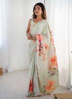 Vegaa Fashion Olive Green Chinon Silk Print Work With Mirror Work Border Designer Saree | Grocsy