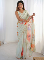 Vegaa Fashion Olive Green Chinon Silk Print Work With Mirror Work Border Designer Saree | Grocsy
