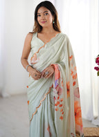 Vegaa Fashion Olive Green Chinon Silk Print Work With Mirror Work Border Designer Saree | Grocsy