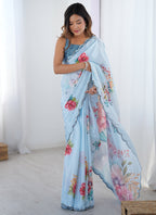 Vegaa Fashion Sky Blue Chinon Silk Print Work With Mirror Work Border Designer Saree | Grocsy
