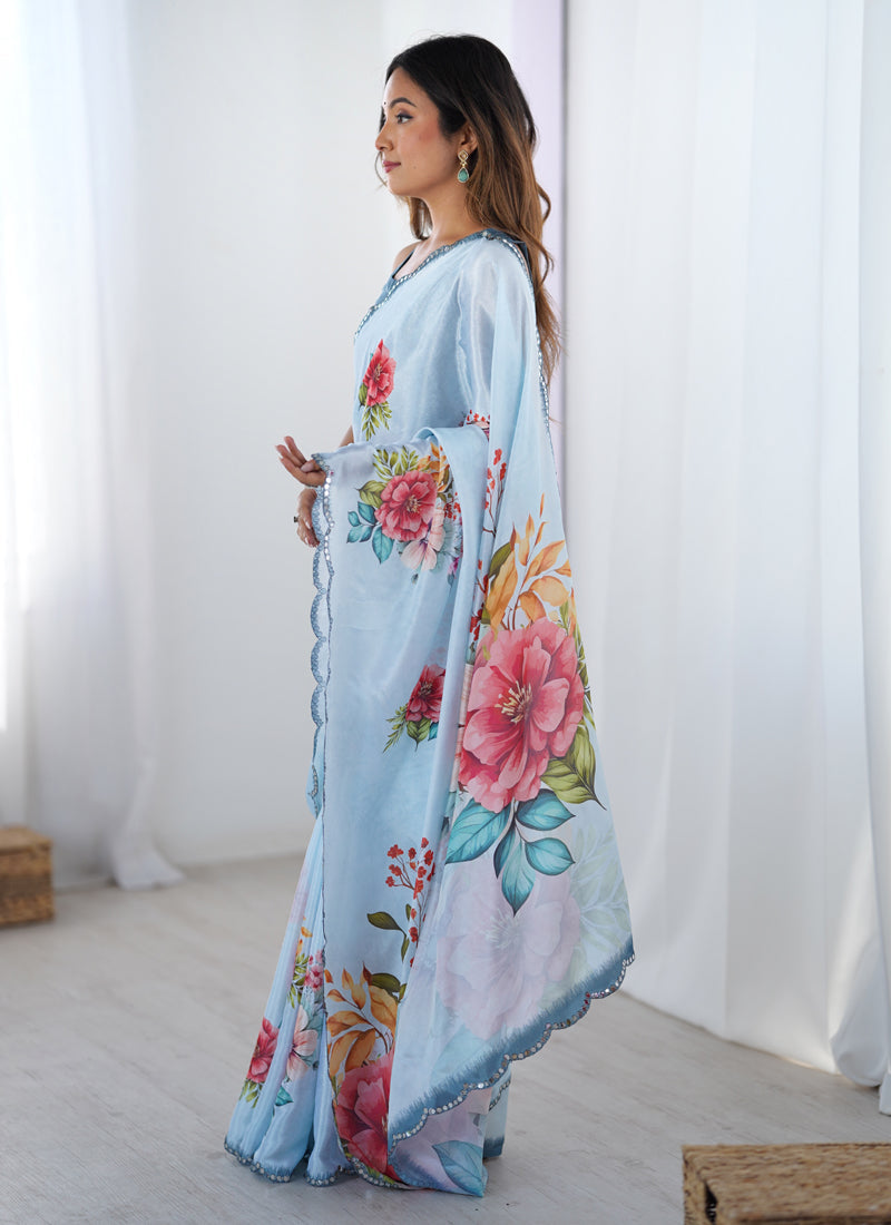 Vegaa Fashion Sky Blue Chinon Silk Print Work With Mirror Work Border Designer Saree | Grocsy