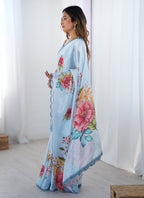 Vegaa Fashion Sky Blue Chinon Silk Print Work With Mirror Work Border Designer Saree | Grocsy