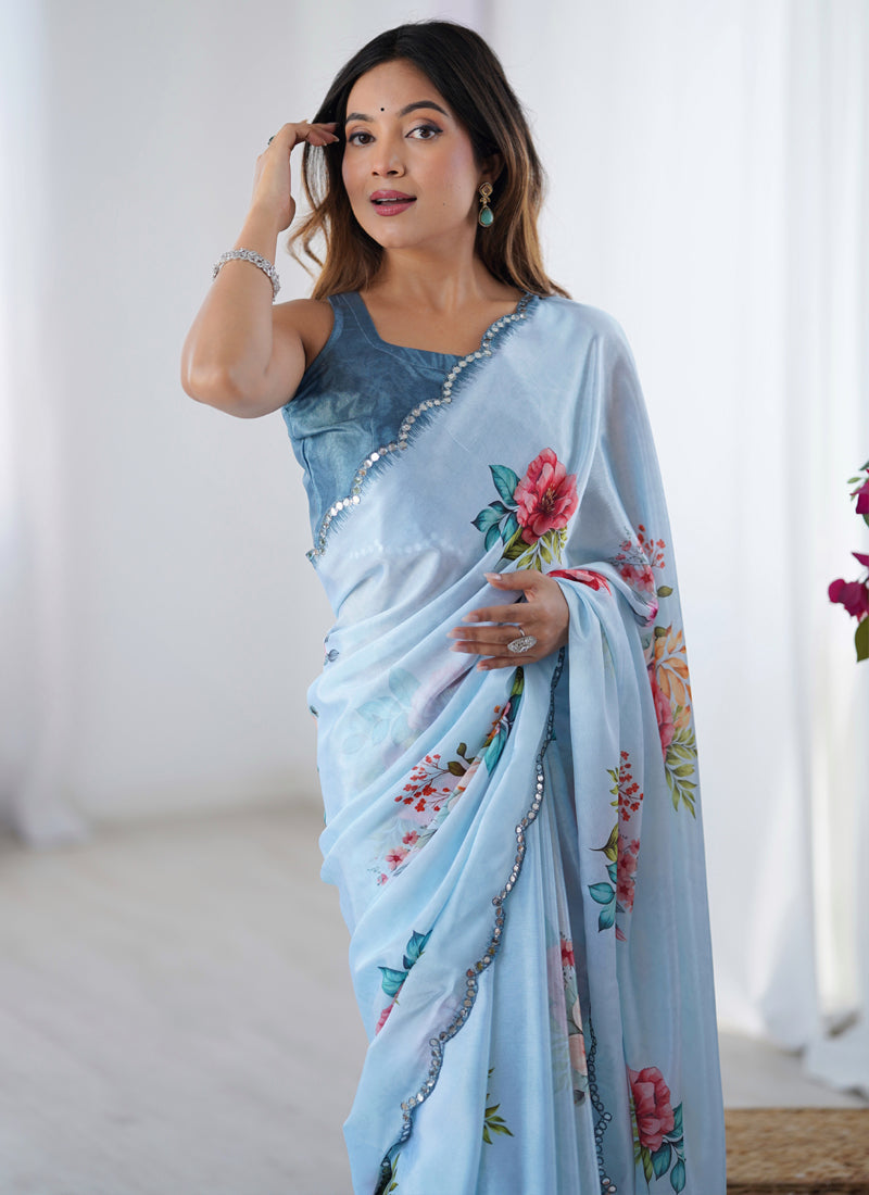 Vegaa Fashion Sky Blue Chinon Silk Print Work With Mirror Work Border Designer Saree | Grocsy