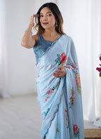 Vegaa Fashion Sky Blue Chinon Silk Print Work With Mirror Work Border Designer Saree | Grocsy