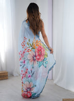 Vegaa Fashion Sky Blue Chinon Silk Print Work With Mirror Work Border Designer Saree | Grocsy