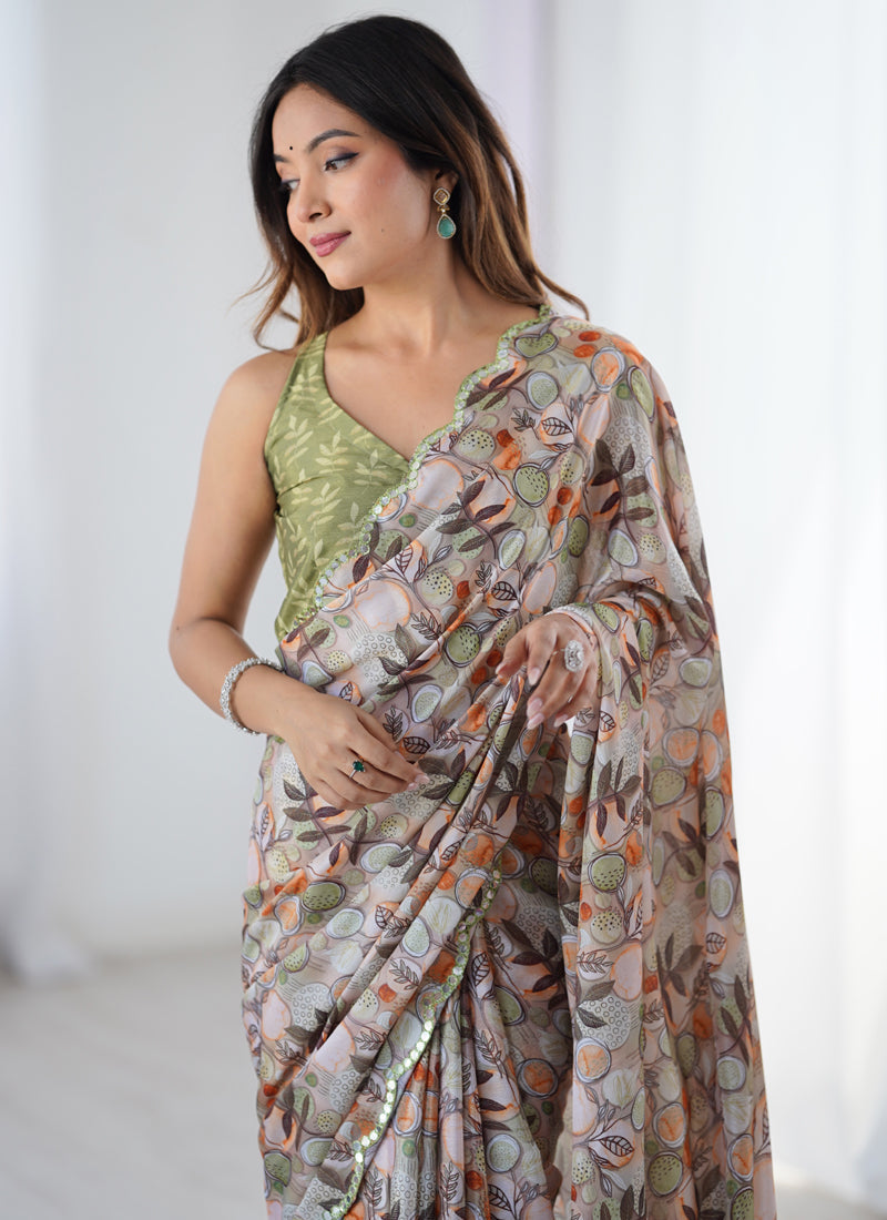 Vegaa Fashion Multicolor Chinon Silk Print Work With Mirror Work Border Designer Saree | Grocsy