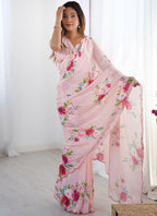Vegaa Fashion Baby Pink Chinon Silk Print Work With Mirror Work Border Designer Saree | Grocsy