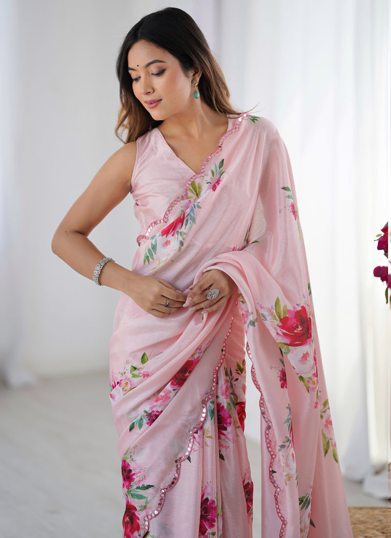 Vegaa Fashion Baby Pink Chinon Silk Print Work With Mirror Work Border Designer Saree | Grocsy