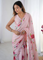 Vegaa Fashion Baby Pink Chinon Silk Print Work With Mirror Work Border Designer Saree | Grocsy