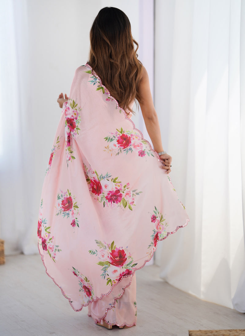 Vegaa Fashion Baby Pink Chinon Silk Print Work With Mirror Work Border Designer Saree | Grocsy
