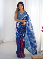 Vegaa Fashion Blue Chinon Silk Print Work With Mirror Work Border Designer Saree | Grocsy