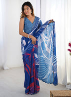 Vegaa Fashion Blue Chinon Silk Print Work With Mirror Work Border Designer Saree | Grocsy