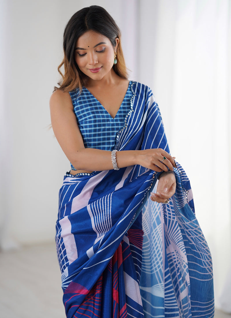 Vegaa Fashion Blue Chinon Silk Print Work With Mirror Work Border Designer Saree | Grocsy