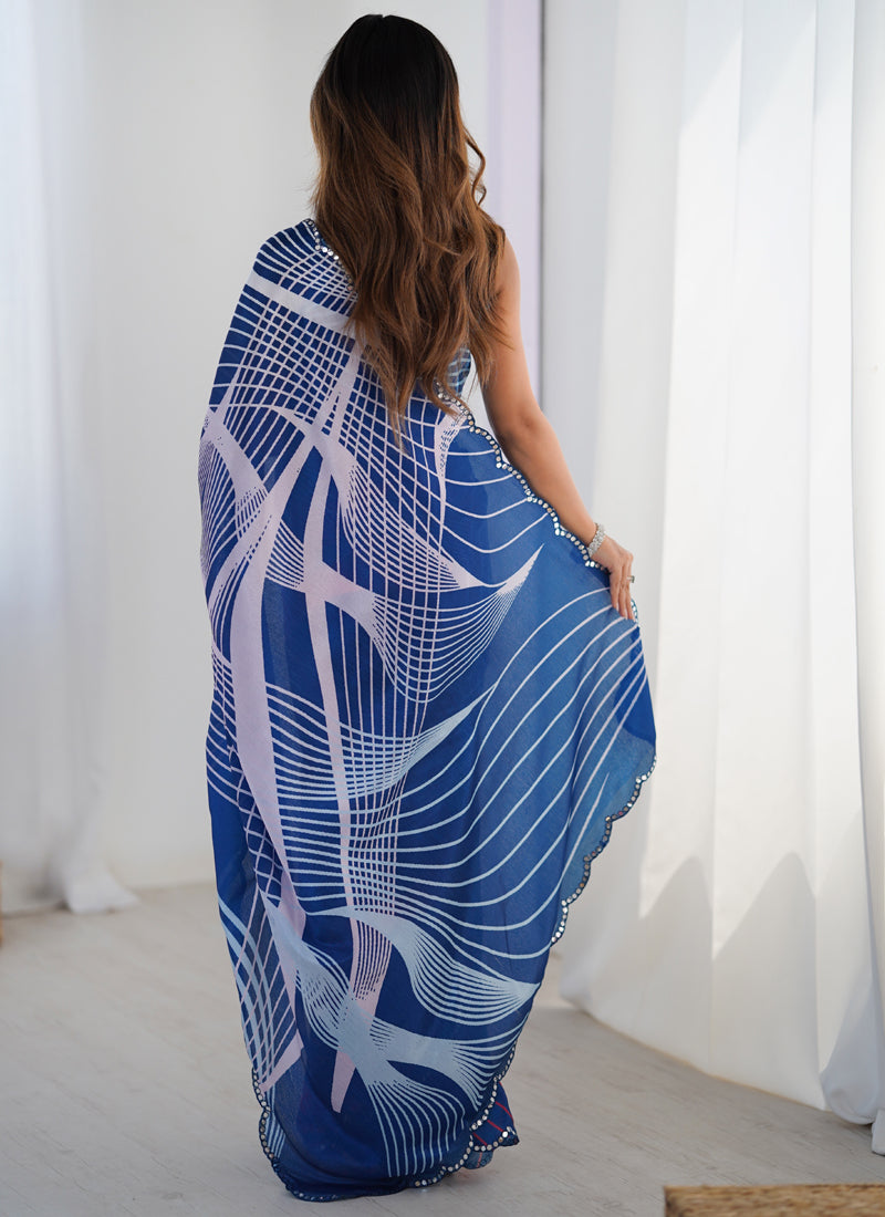 Vegaa Fashion Blue Chinon Silk Print Work With Mirror Work Border Designer Saree | Grocsy