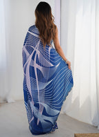 Vegaa Fashion Blue Chinon Silk Print Work With Mirror Work Border Designer Saree | Grocsy