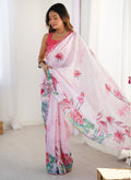 Vegaa Fashion Baby Pink Chinon Silk Print Work With Mirror Work Border Designer Saree | Grocsy