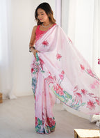 Vegaa Fashion Baby Pink Chinon Silk Print Work With Mirror Work Border Designer Saree | Grocsy