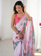 Vegaa Fashion Baby Pink Chinon Silk Print Work With Mirror Work Border Designer Saree | Grocsy
