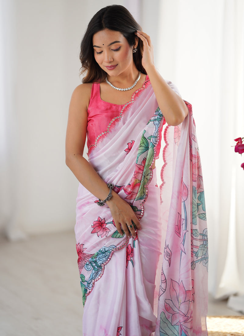 Vegaa Fashion Baby Pink Chinon Silk Print Work With Mirror Work Border Designer Saree | Grocsy
