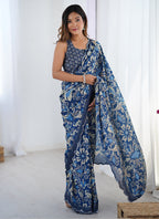 Vegaa Fashion Blue Chinon Silk Print Work With Mirror Work Border Designer Saree | Grocsy