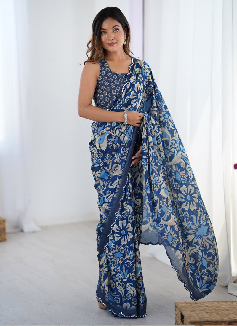 Vegaa Fashion Blue Chinon Silk Print Work With Mirror Work Border Designer Saree | Grocsy