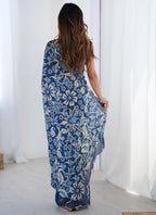 Vegaa Fashion Blue Chinon Silk Print Work With Mirror Work Border Designer Saree | Grocsy