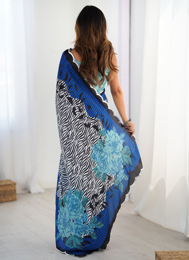Vegaa Fashion Multi Color Chinon Silk Print Work With Mirror Work Border Designer Saree | Grocsy