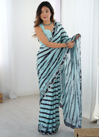 Vegaa Fashion Sky Blue Chinon Silk Print Work With Mirror Work Border Designer Saree | Grocsy