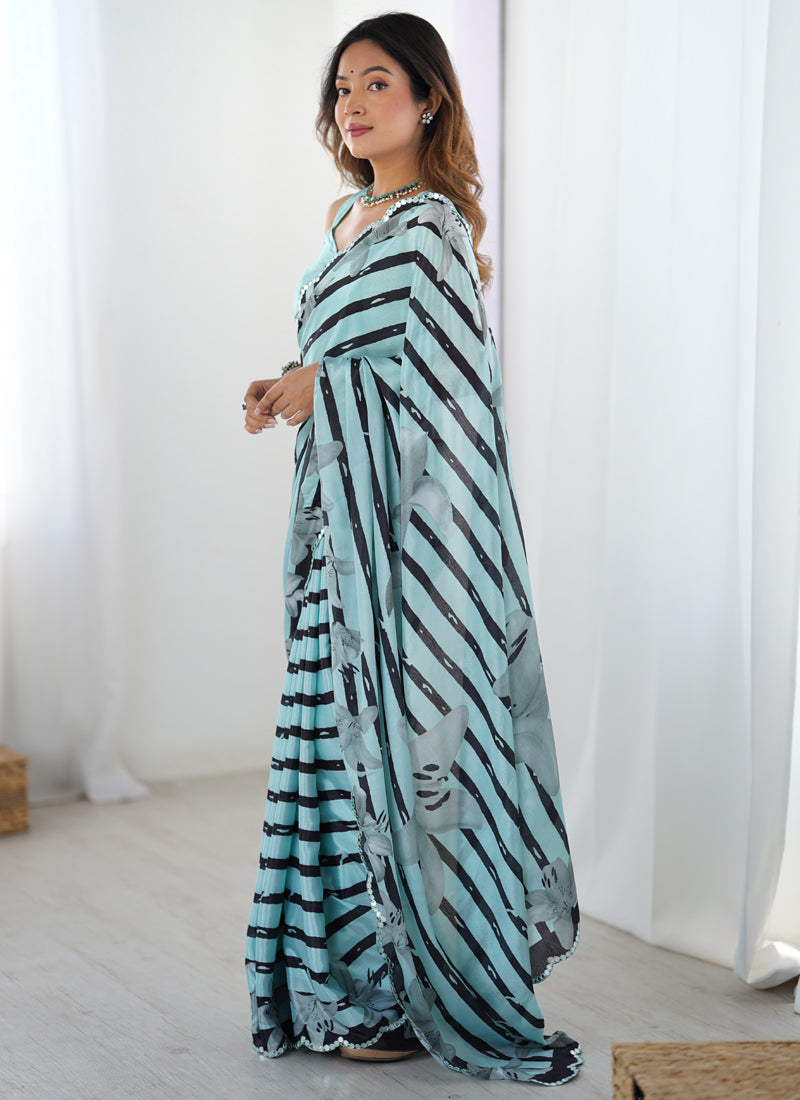 Vegaa Fashion Sky Blue Chinon Silk Print Work With Mirror Work Border Designer Saree | Grocsy