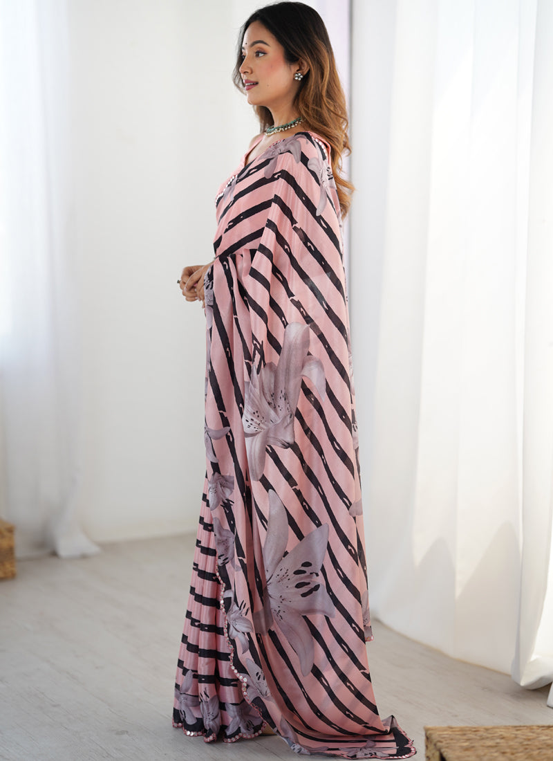 Vegaa Fashion Peach Chinon Silk Print Work With Mirror Work Border Designer Saree | Grocsy