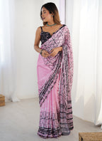 Vegaa Fashion Baby Pink Chinon Silk Print Work With Mirror Work Border Designer Saree | Grocsy