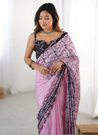 Vegaa Fashion Baby Pink Chinon Silk Print Work With Mirror Work Border Designer Saree | Grocsy