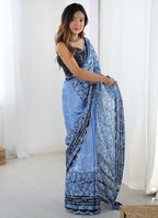 Vegaa Fashion Blue Chinon Silk Print Work With Mirror Work Border Designer Saree | Grocsy