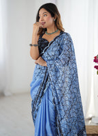 Vegaa Fashion Blue Chinon Silk Print Work With Mirror Work Border Designer Saree | Grocsy