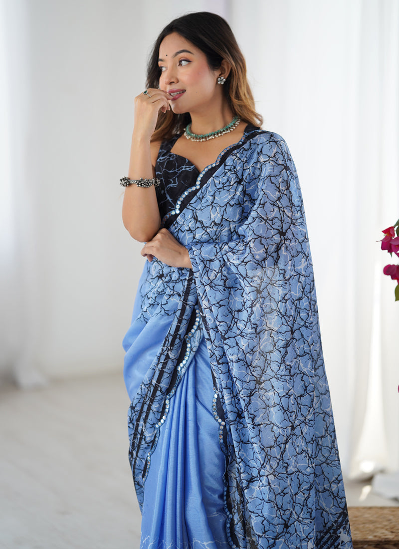 Vegaa Fashion Blue Chinon Silk Print Work With Mirror Work Border Designer Saree | Grocsy