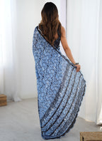 Vegaa Fashion Blue Chinon Silk Print Work With Mirror Work Border Designer Saree | Grocsy