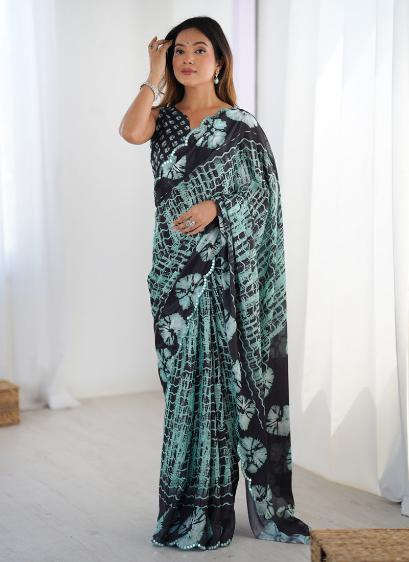 Vegaa Fashion Multi Color Chinon Silk Print Work With Mirror Work Border Designer Saree | Grocsy