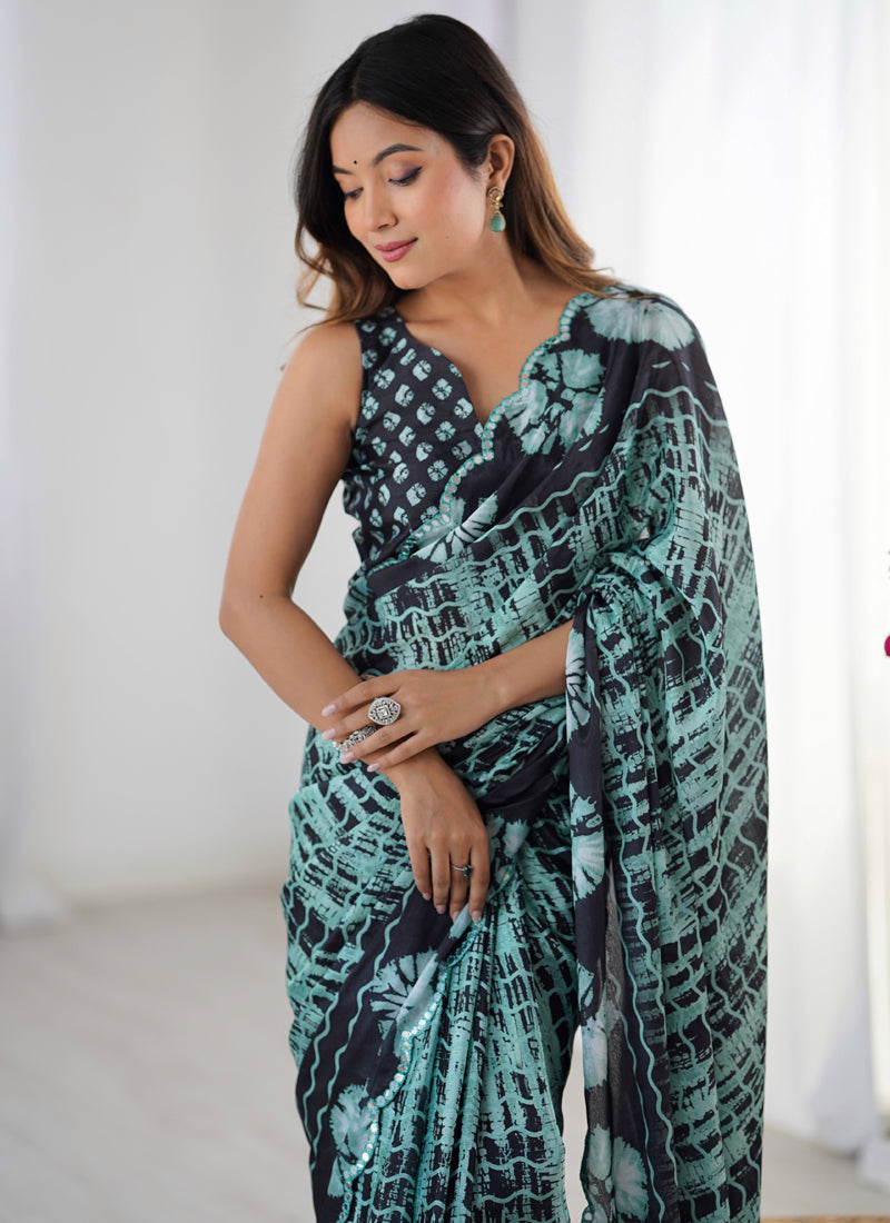 Vegaa Fashion Multi Color Chinon Silk Print Work With Mirror Work Border Designer Saree | Grocsy